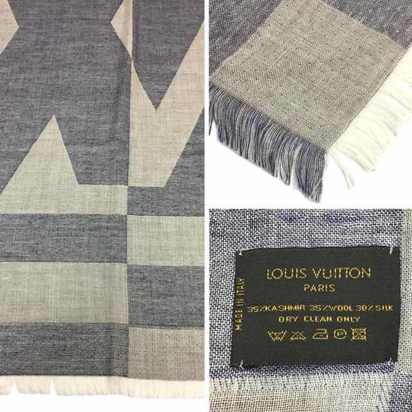 LOUIS VUITTON stole shawl cashmere wool silk light gray x navy men's women's - Picture 3 of 3